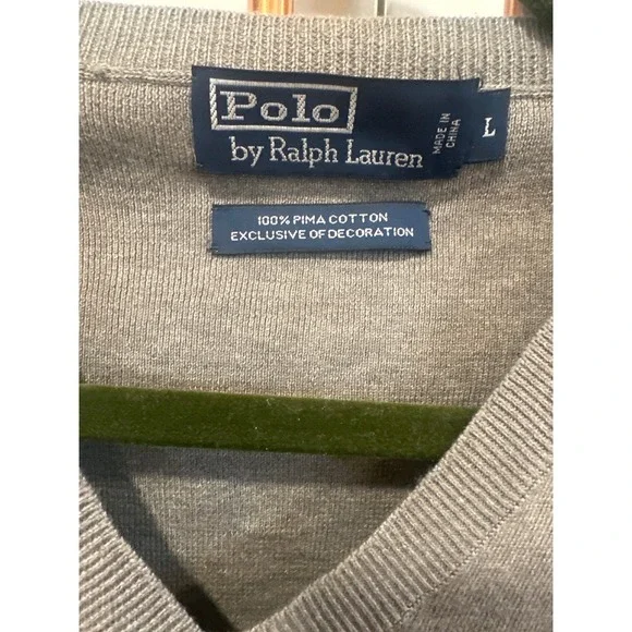 Polo Ralph Lauren Men V-Neck Sweater Gray Long Sleeve Pima Cotton Size L preppy - Picture 4 of 7